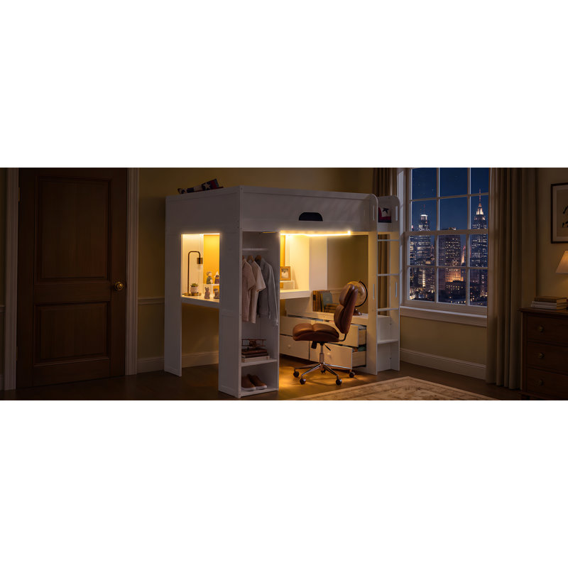 Lit mezzanine multifonctionnel double, bureau de rangement en MDF, maison moderne, Blanc