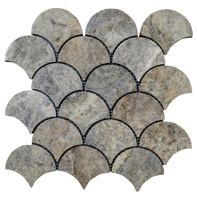 Silver Travertine Laguna Fish Scale 2.5" x 3" Natural Stone Mosaic Pattern Wall Tile