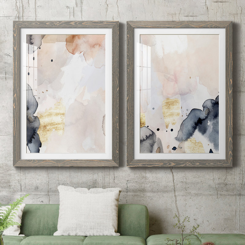 Indigo Blush and Gold III - ensemble de 2 peintures encadrées, H 31,5 po x l 43,5 po x P 1 po, Gris