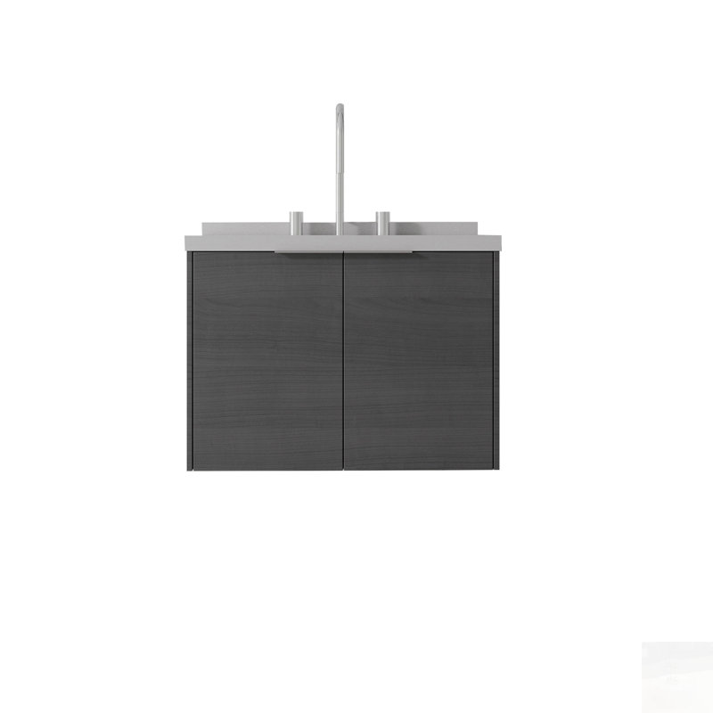 Meuble-lavabo flottant avec porte à fermeture douce, comptoir en marbre de culture et dosseret pour espaces compacts, Gris