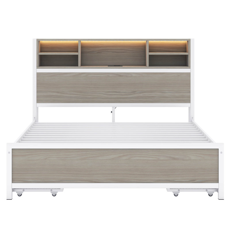 Lit plateforme avec 4 tiroirs, prises et ports USB Wido, Grand, Blanc