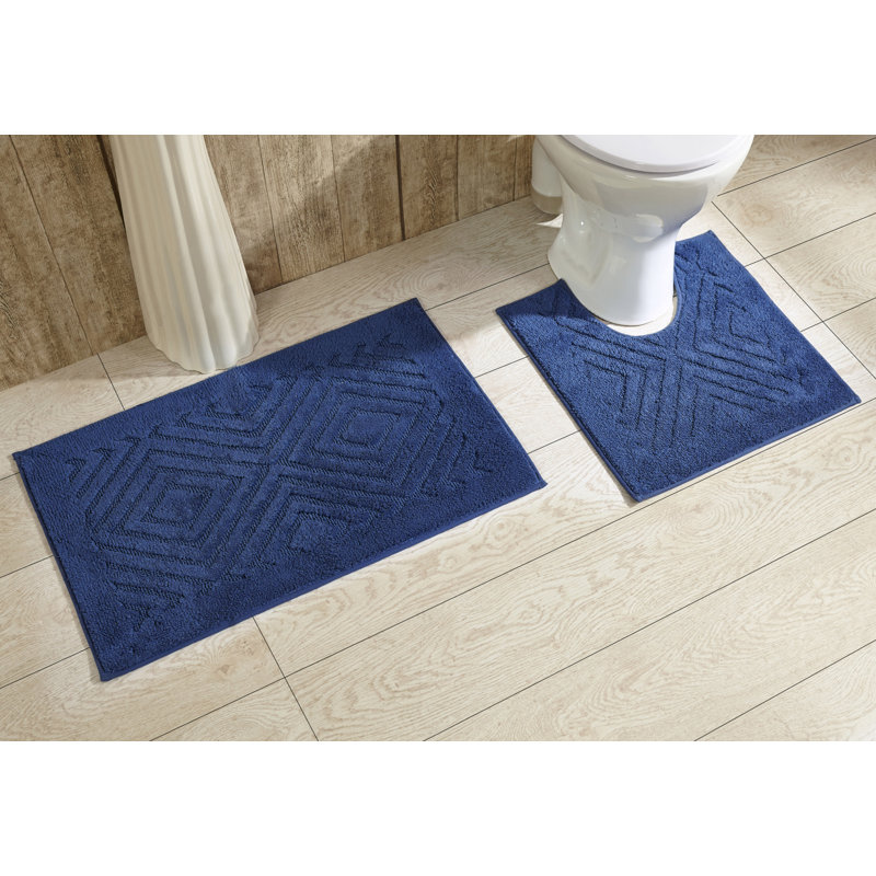 Brooking Ultra Soft 2 Piece Machine Washable Bath Mat Set ( Rectangle Bathroom Mat & U Shaped Contour Rug ), Blue