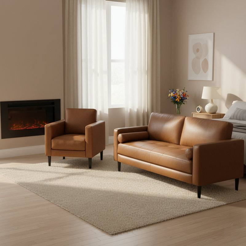 Ensemble de fauteuils et canapé en cuir véritable 2 pièces Nataniel, Cuir véritable brun