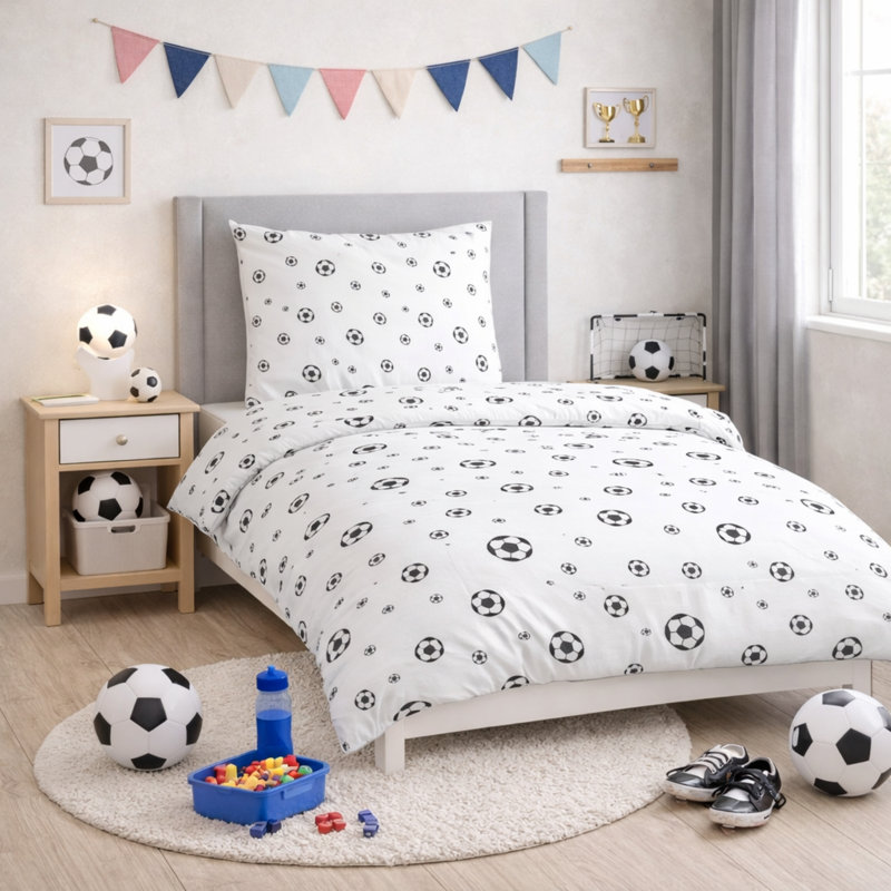 Kids Single Duvet Cover Set – White Football Print 100% Cotton Bedding 140 x 200 cm