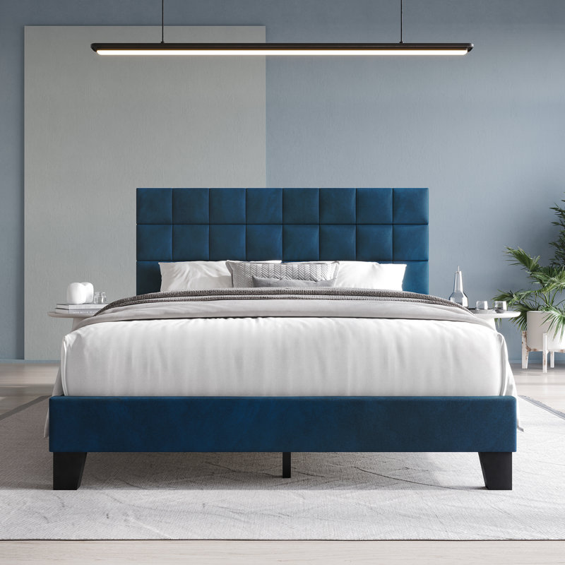 Cheneka Upholstered Unfinished Platform Bed, Twin, Navy Blue