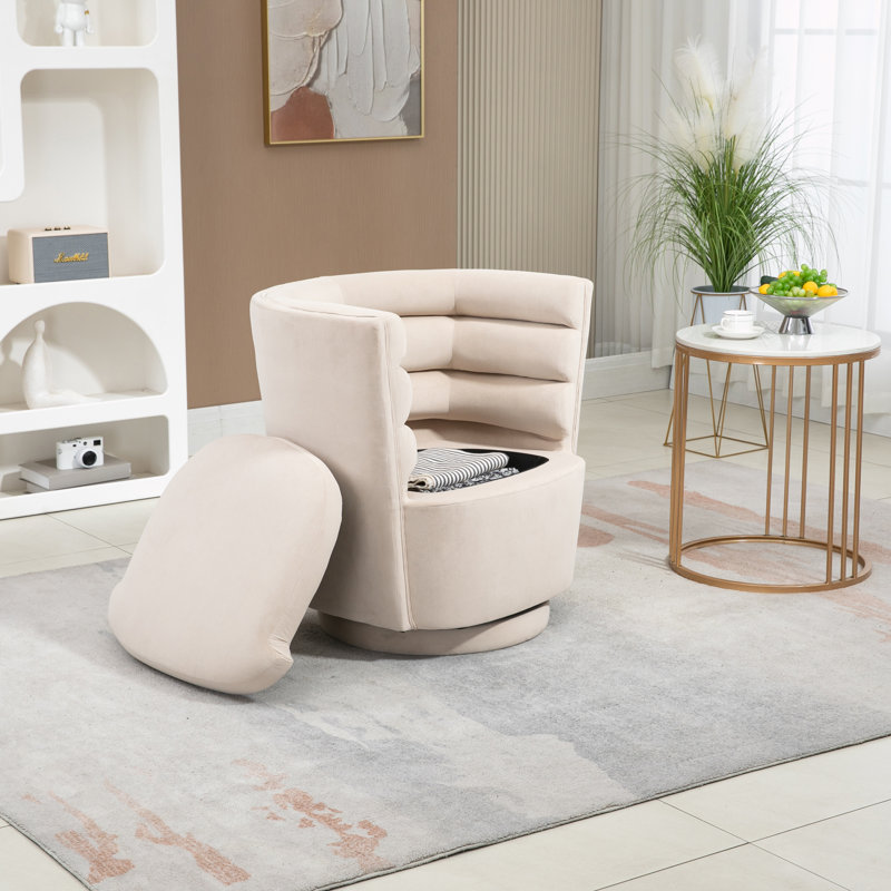 Lasharn Upholstered Swivel Side Chair with Ottoman, Beige Velvet