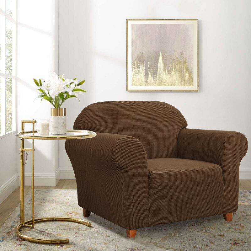 Spandex Soft Textured Stretchy Box Cushion Armchair Slipcover, Coffee