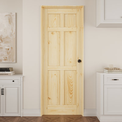 Porte intérieure en bois de pin à 6 panneaux, porte pré-suspendue en pin massif naturel Colonial, avec trousse de joint, bande d'étanchéité, ouverture vers la gauche, charnières noires et poignée ronde, porte non finie et à peindre, pour garde-manger, chambre à coucher, salle de bain, garde-robe et salon "x 80"