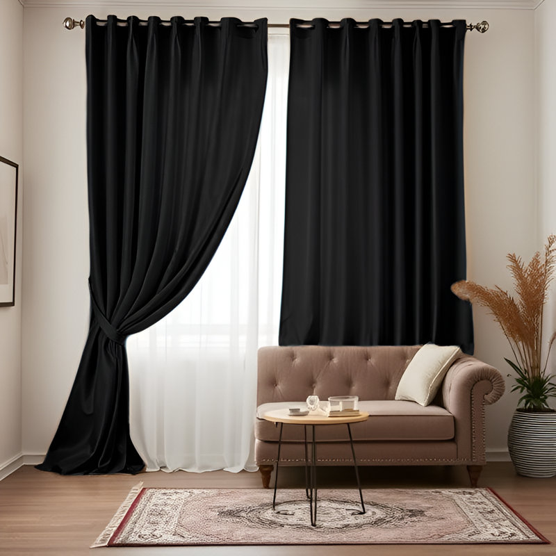 Pittsboro Crushed Velvet Eyelet Windows Panel Curtains, 117cm Width x 137cm Drop, Black