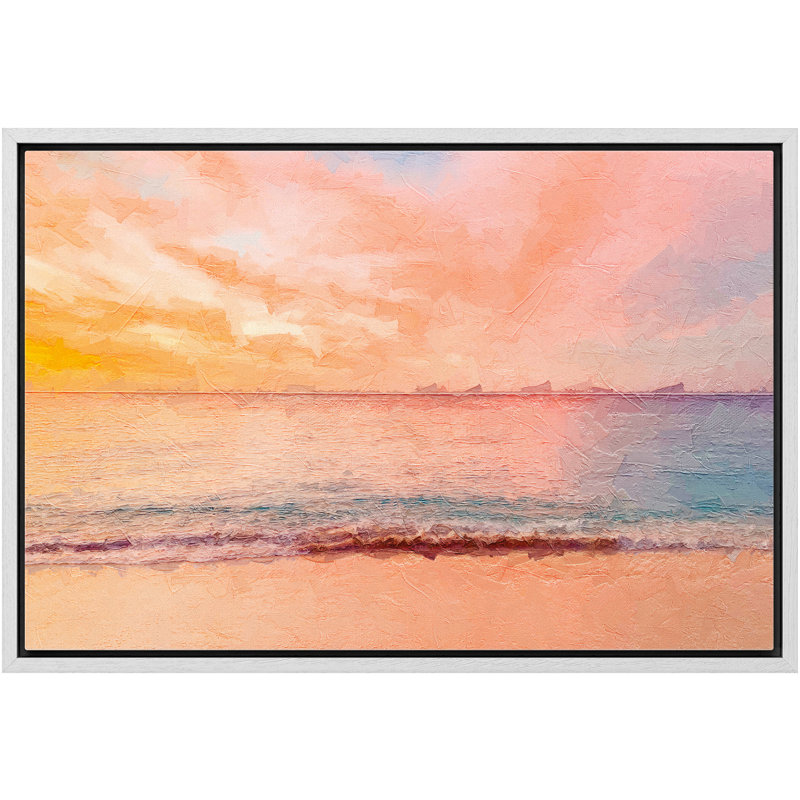 Nuage coloré illuminant la mer, reflétant l'eau au coucher du soleil - peinture sur toile à cadre flottant, Cadre blanc