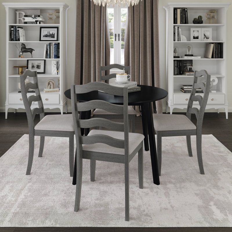 5-Piece Dining Set With Black Round Table And Grey Upholstered Wave Horizontal Slat Back Chairs, Gray
