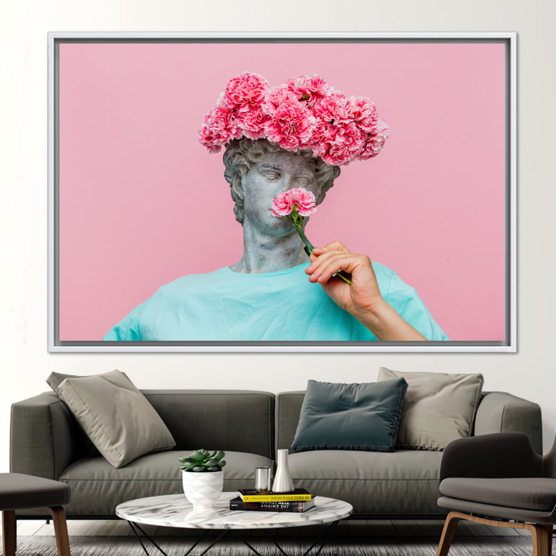 Affiche d'art moderne sur toile 3D avec un buste d'homme antique et un chapeau floral, H 33 po x l 45 po, Blanc