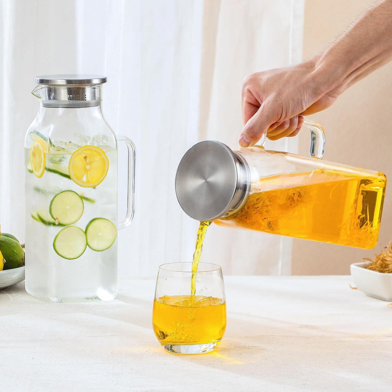 Ensemble de 2 pichets carrés en verre de 2 litres avec couvercle et poignée pour carafe à thé glacé et carafe à café en verre borosilicaté résistant à la chaleur