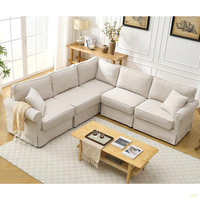 Ensemble de canapé modulaire modulaire, canapé convertible en forme de L, 5 sièges, canapé modulaire réversible, rembourré, canapé d'angle, accoudoirs roulés, tissu en lin doux