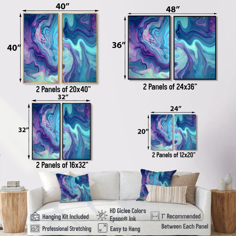 Turquoise mauve marbré fusion I - impressions sur toile abstraites, Impression encadrée flottante sans passe-partout, Noir