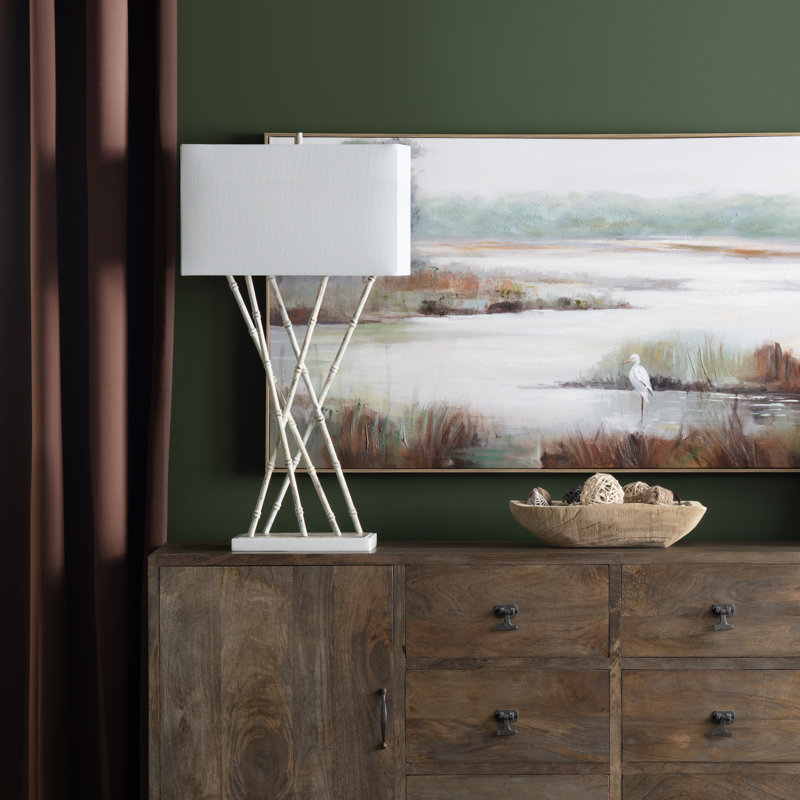 36.25"H Metal Bamboo Shoots And Marble Table Lamp With Linen Shade