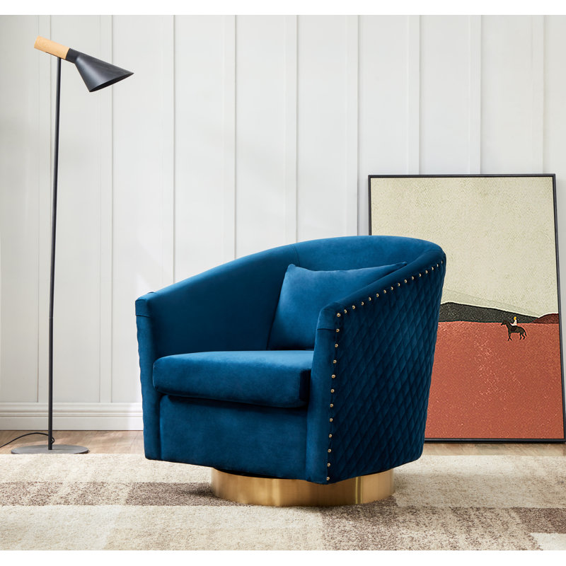 Skye Upholstered Swivel Barrel Chair, Navy Velvet, Gold