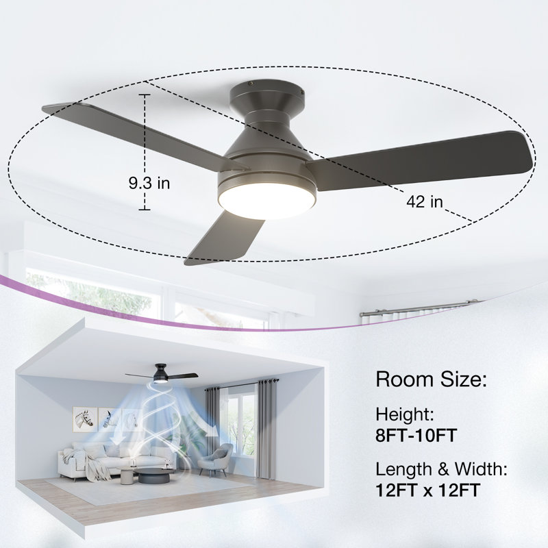 Ventilateur de plafond 42 po à 3 pales avec lumière et télécommande, montage encastré, moteur à courant continu réversible à 6 vitesses, DEL 3ct, noir