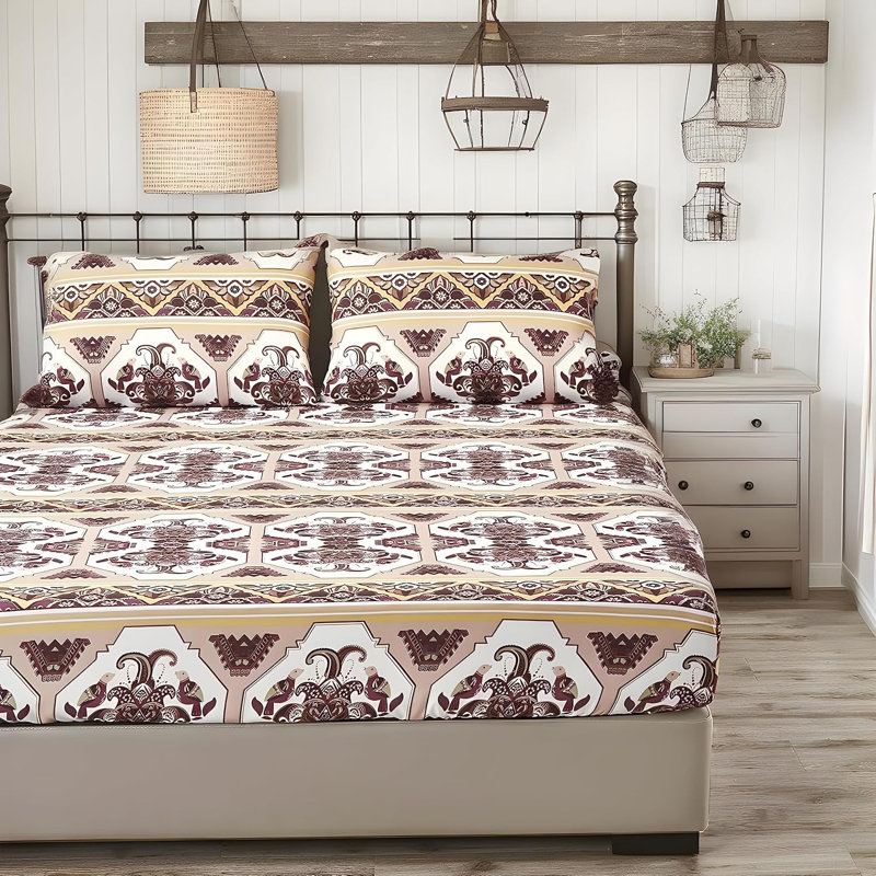 Oriental Kilim Microfiber Geometric Fitted Sheet, Twin Fitted Sheet with 1 Pillowcase