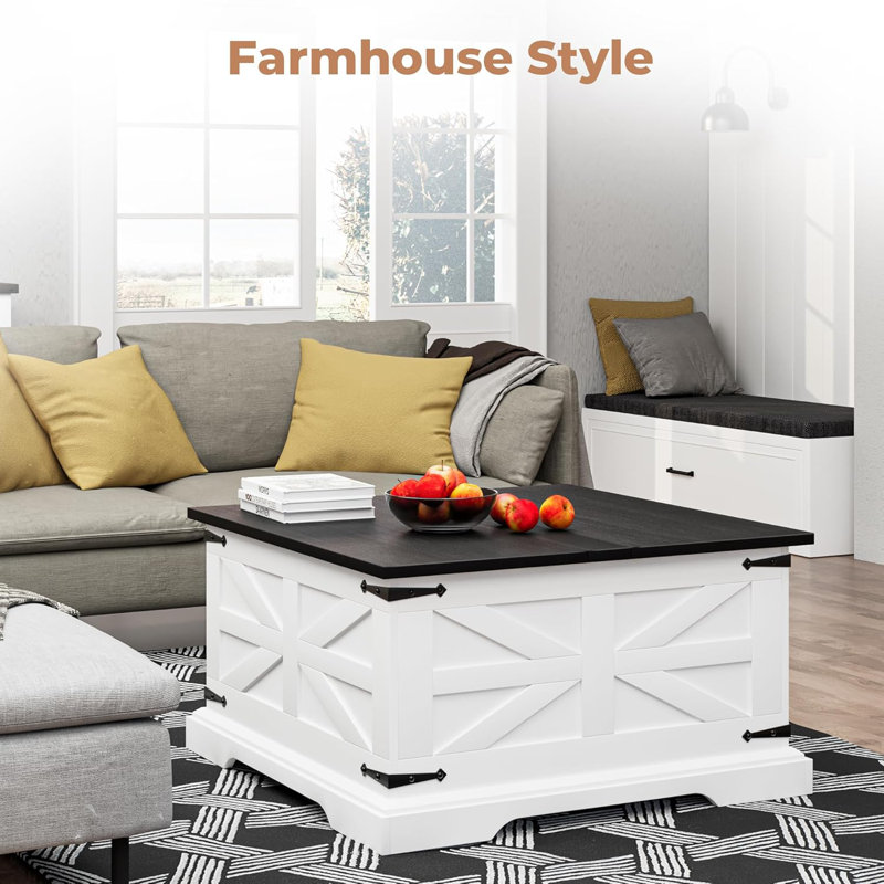 Black and White Square MDF Wood Lift-Top Coffee Table with Storage