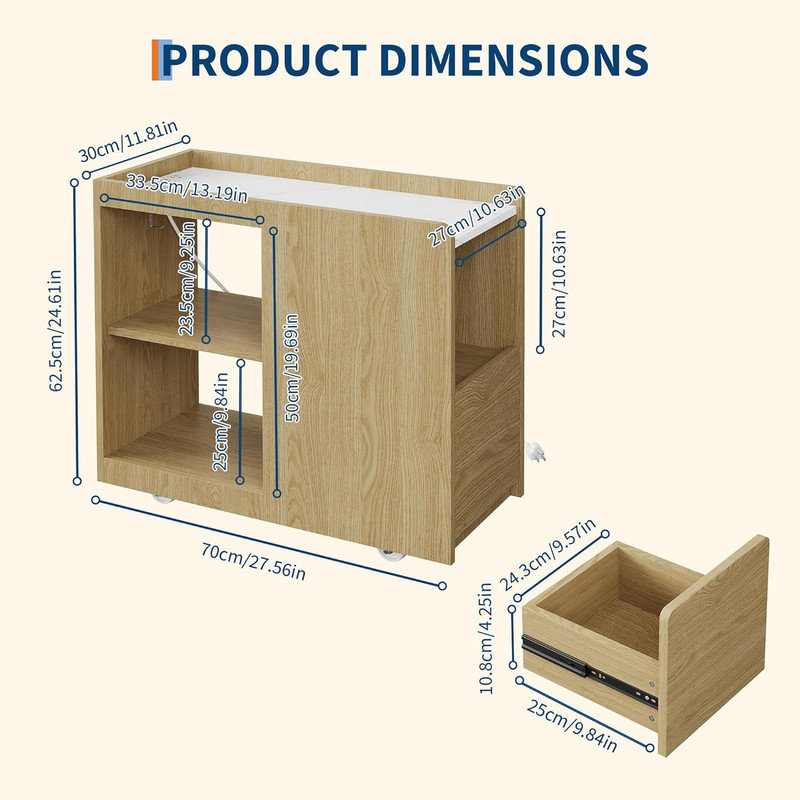 Buffet mobile avec station de charge - armoire de table de chevet en chêne blanc, tiroir et tablette à 3 niveaux, USB / Type-C, roues verrouillables pour la salle à manger, la chambre à coucher