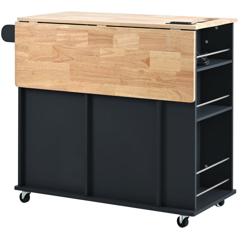 Kitchen Island With Electrical Socket & Foldable Leaf. Black. Wine Holder, Side Storage. Easy To Use And Clean Power Storage Leaf, Stand Cabinet - Black