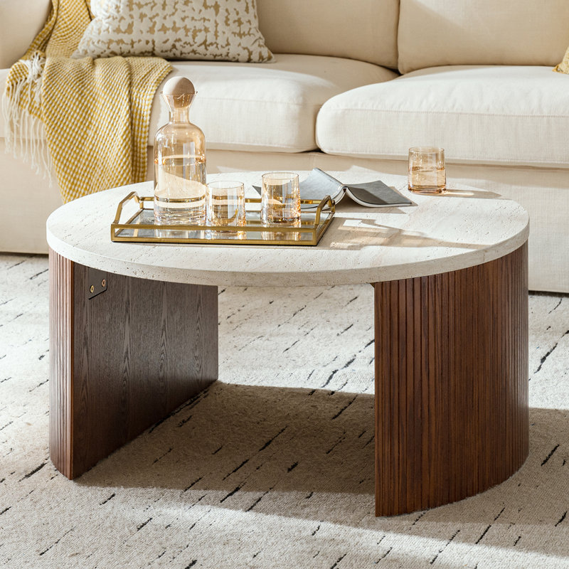 Jadida Celia Modern 36"W Fluted Round Coffee Table with Travertine Top, Walnut