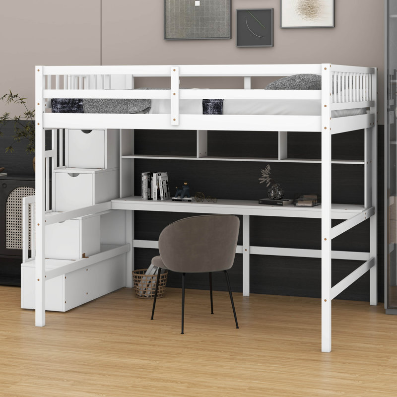 Lit mezzanine double - Bureau, tablettes de rangement et escalier inclus, Blanc