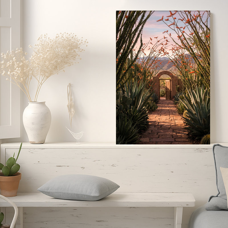 «Desert Archway Pathway Through Cacti and Mountains», art mural sur toile, 30"H x 20"W