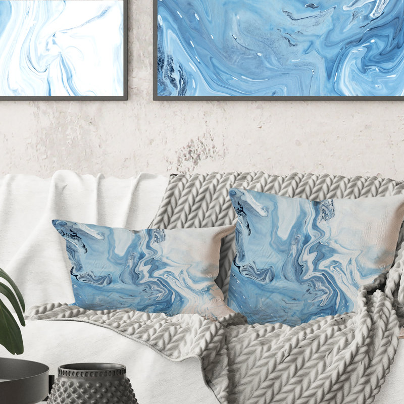 Blanc et bleu vagues de marbre - coussin décoratif imprimé moderne, 18 po x 18 po