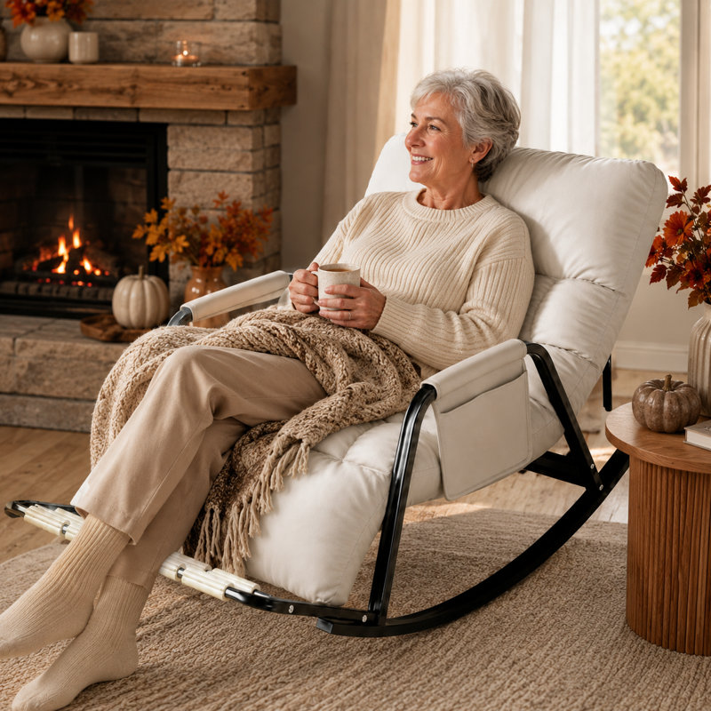 Chaise berçante surdimensionnée rembourrée avec coussin épais, chaise berçante moderne avec poche latérale et structure en métal pour le salon, la chambre à coucher, la chambre de bébé, le porche et le patio