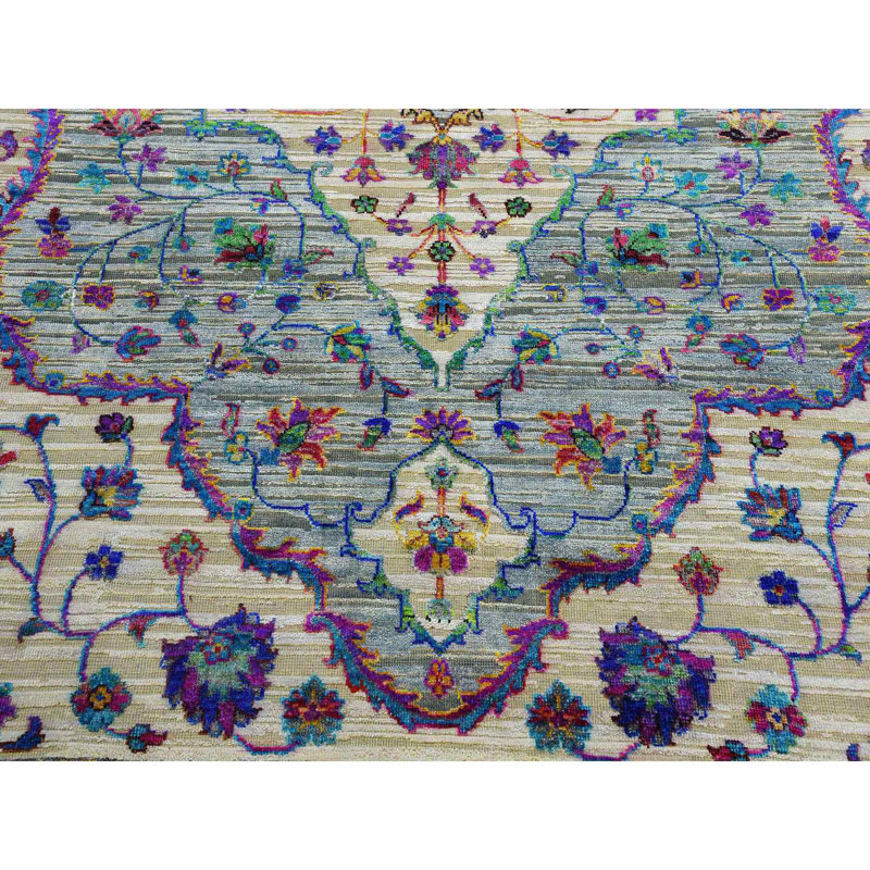 Tapis vert / blanc noué à la main de conception unique 8 pi 8 po x 12 pi nouvel âge Valry