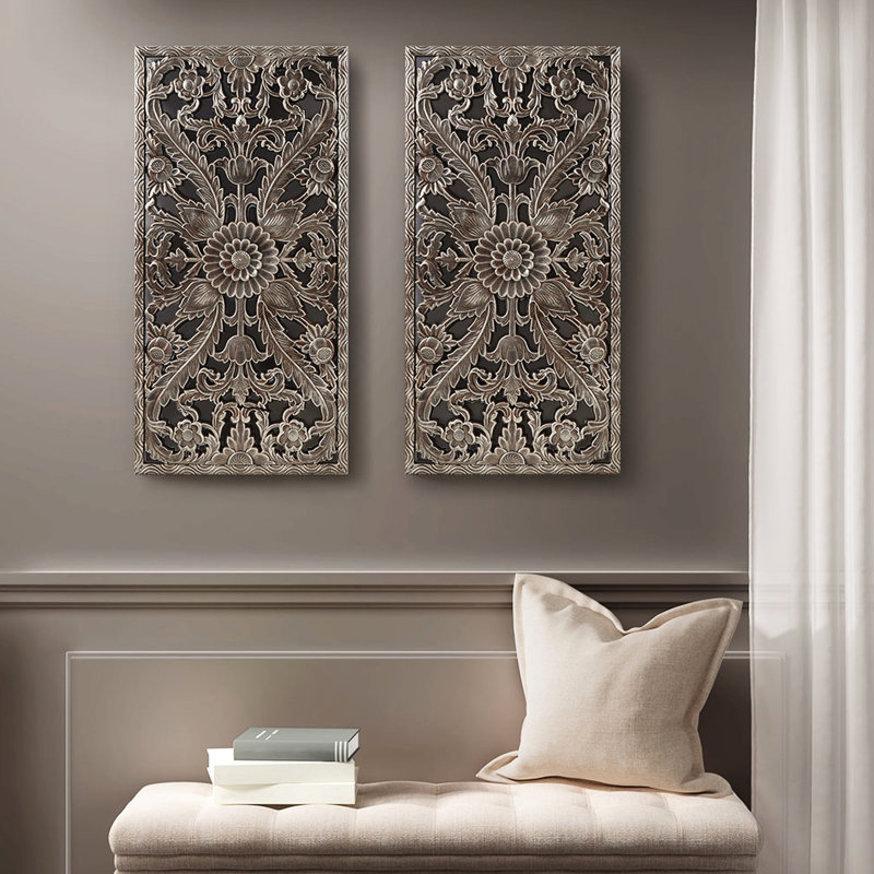 Décoration murale 2 pièces - Décoration d'intérieur en bronze à motif de fleurs de lotus en bronze vieilli l 15,75 po x H 31,5 po x P 0,59 po