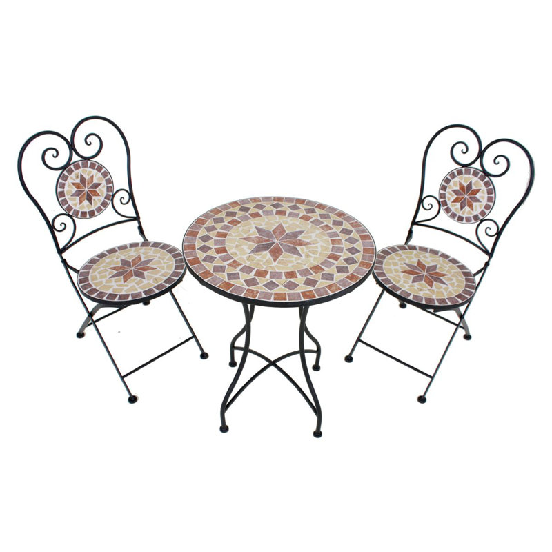 2 - Person Patio Dining Set with Round Table, Brown/Ochre/Beige