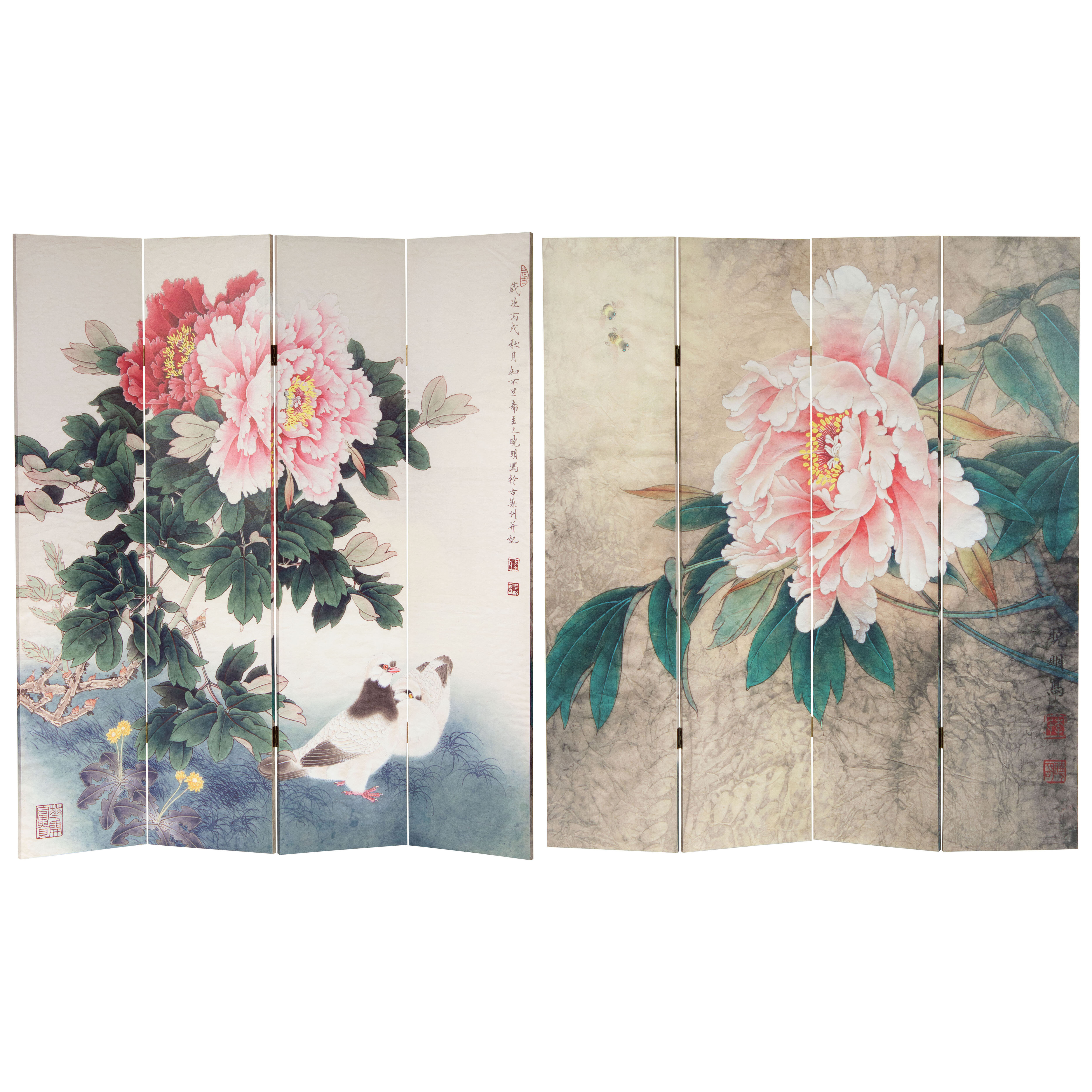 Oriental Furniture 6 Ft. Tall Double Sided Doves And Peonies