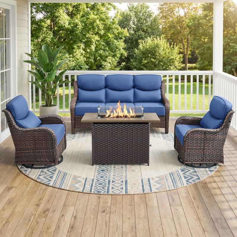 Abbey 4-Piece Wicker Patio Conversation Set With Fire Pit Table & 6-Inch Luxury Cushions Swivel Chairs, Brown, Blue