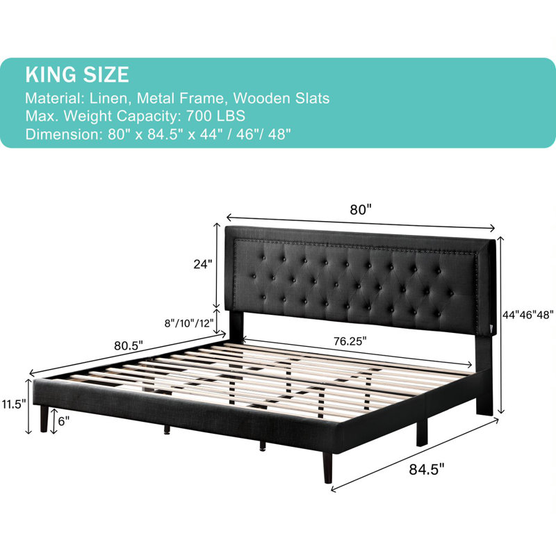 Cianciolo Upholstered Wingback Bed, Black, King