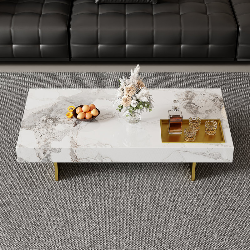 Modern Faux Marble Coffee Table with Gold Metal Legs - 51.2" Rectangular Contemporary Living Room Center Table, Stylish Elegant Home Decor Furniture