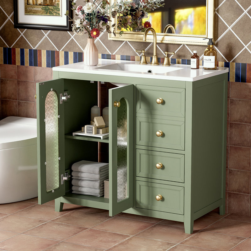 bathroom vanity with two doors, adjustable shelves and three drawers, Green