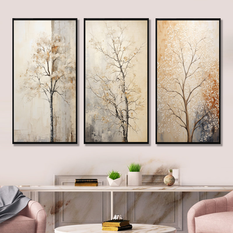 «Beige Trees Oak Solitude», ensemble de 3 reproductions d'art mural, H 28 po x l 36 po, Cadre flottant noir