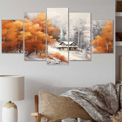 Orange et gris confortable chalet - campagne impression d'art mural - 5 panneaux