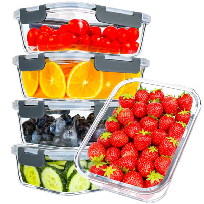 Glass Food Storage Containers With Airtight Lids, Freezer, Oven, And Dishwasher Safe, BPA-Free, 5 Pack, (Light Gray)