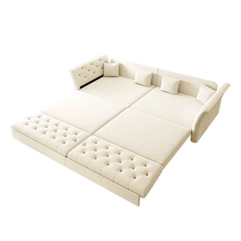 Canapé-lit escamotable surdimensionné de 100 po, canapé-lit convertible avec motif capitonné en tissu fait à la main, causeuse en velours multifonctionnel pour salon, chambre à coucher, appartement, beige / blanc