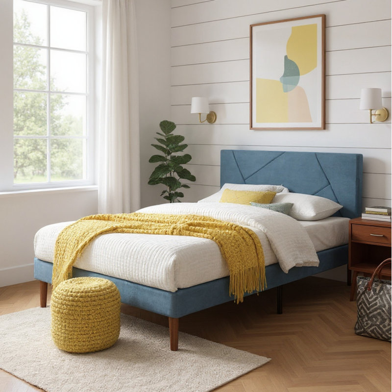  Structure de lit simple en velours avec tête de lit, lit plateforme tapissier avec lattes de bois sans bruit, aucun sommier requis