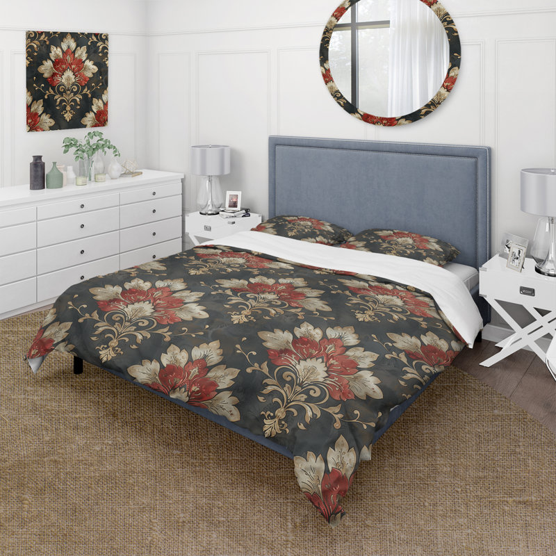 Red Gold Damask Delight - Ensemble de housse de couette damassé, Housse de couette très grand + 2 taies décorativ