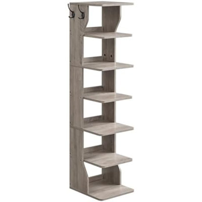 7-Tier Vertical Shoe Rack, Narrow Shoe Storage Organizer With Hooks, Slim Corner Tower Shelf, Space-Saving For Entryway And Bedroom, Heather Greige