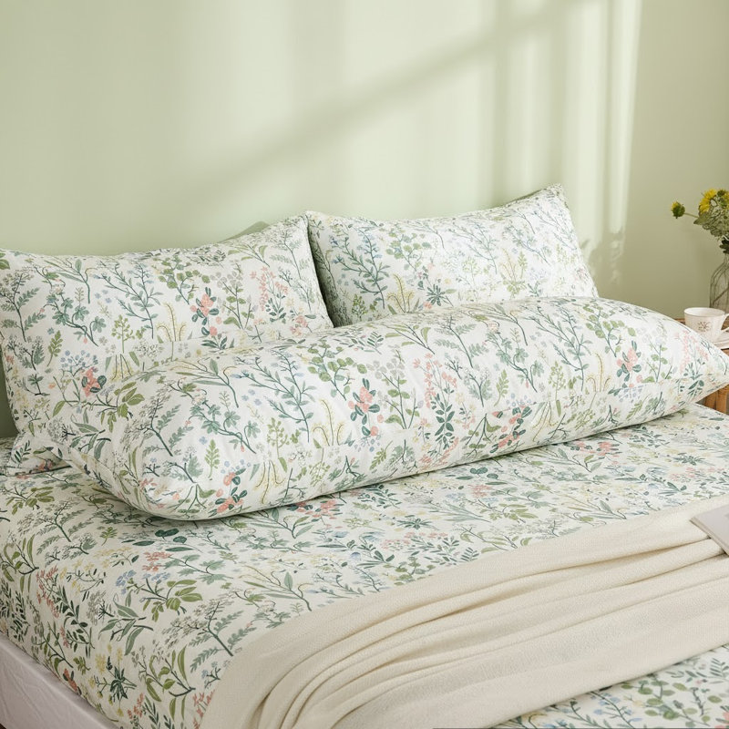 Body Pillowcase 100% Cotton Pillow case, 1-Piece Fresh Green Botanical Bloom Pillow Cover, Smooth Cooling Envelope Closure Pillow Case Set (Body, 20"x54")