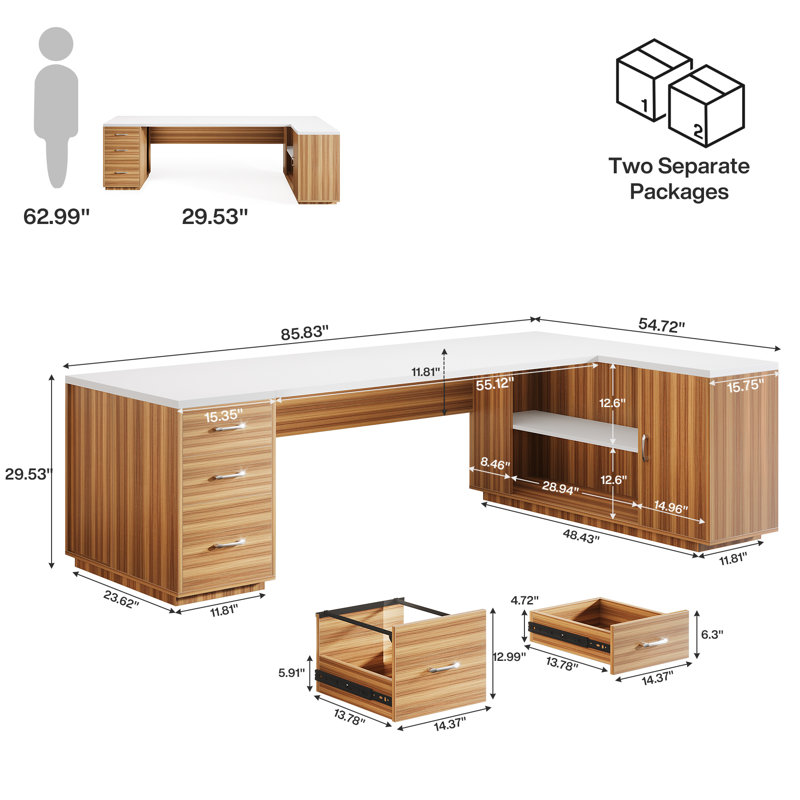 Bureau de direction en L 85,8 po avec classeur, Blanc, Brun