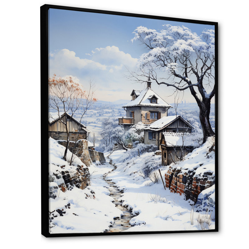 Harmony of Winter Village II, reproduction d'art sur toile, Cadre flottant noir, 32" H x 24" W