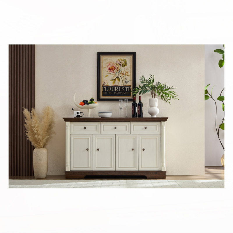 Armoire de rangement Farmhouse avec tiroirs et portes, Noyer/blanc